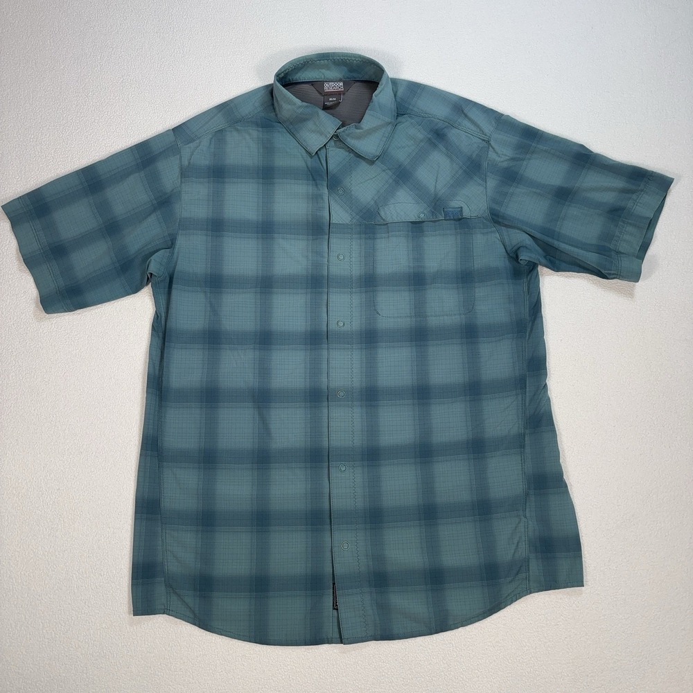 Outdoor Research Astroman Sun Shirt Men's M Blue Plaid Pocket Hiking *Flaw*